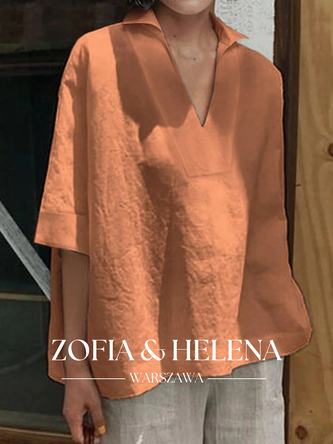 Koszula damska z dekoltem w serek, luźna, jednokolorowa, z rękawem 3/4