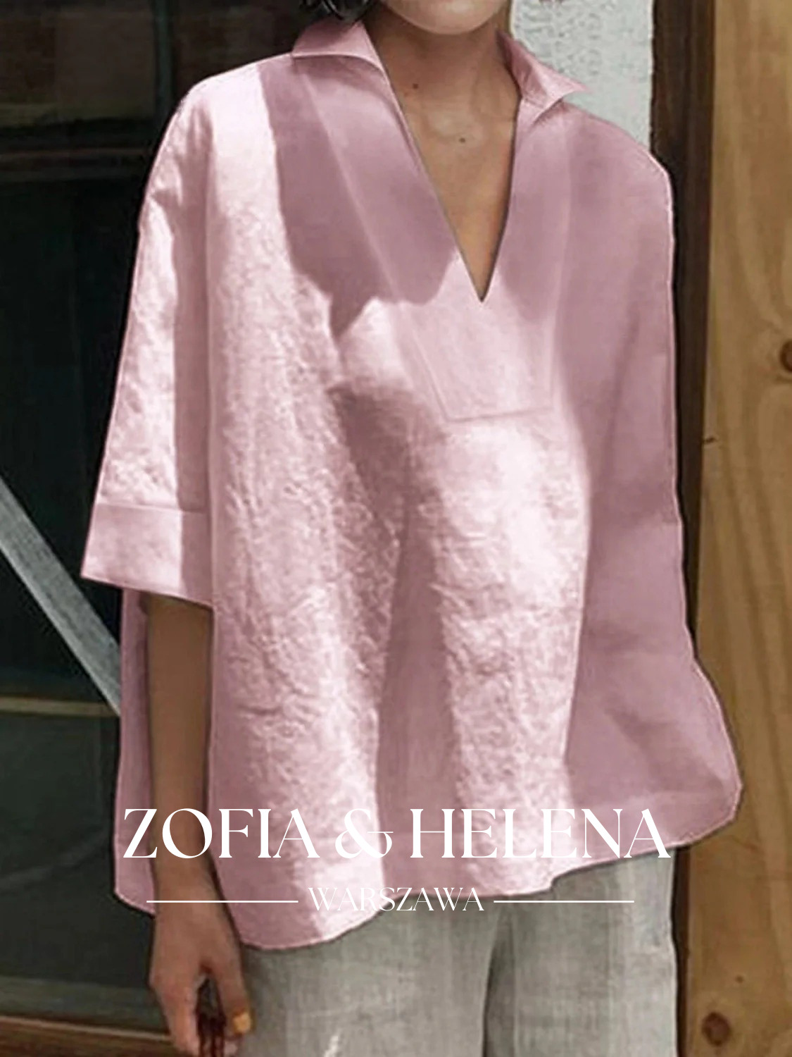 Koszula damska z dekoltem w serek, luźna, jednokolorowa, z rękawem 3/4