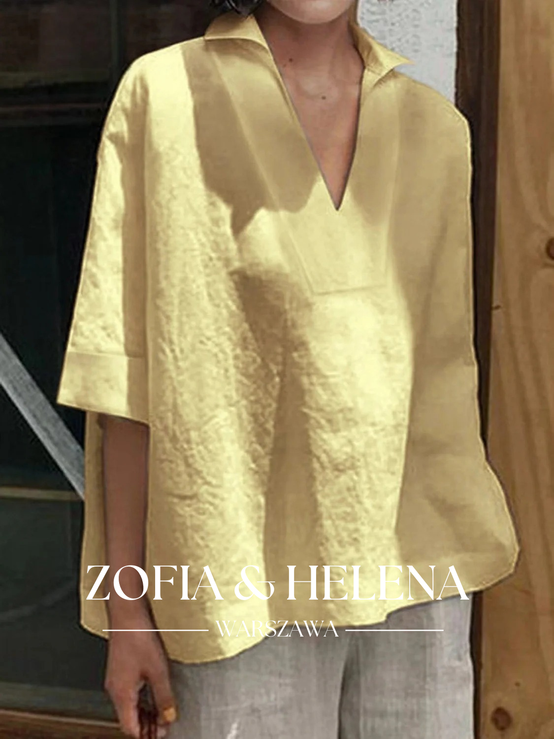 Koszula damska z dekoltem w serek, luźna, jednokolorowa, z rękawem 3/4