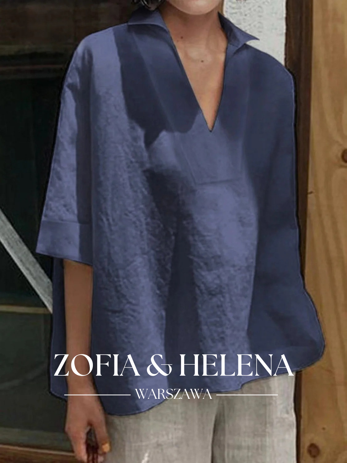 Koszula damska z dekoltem w serek, luźna, jednokolorowa, z rękawem 3/4