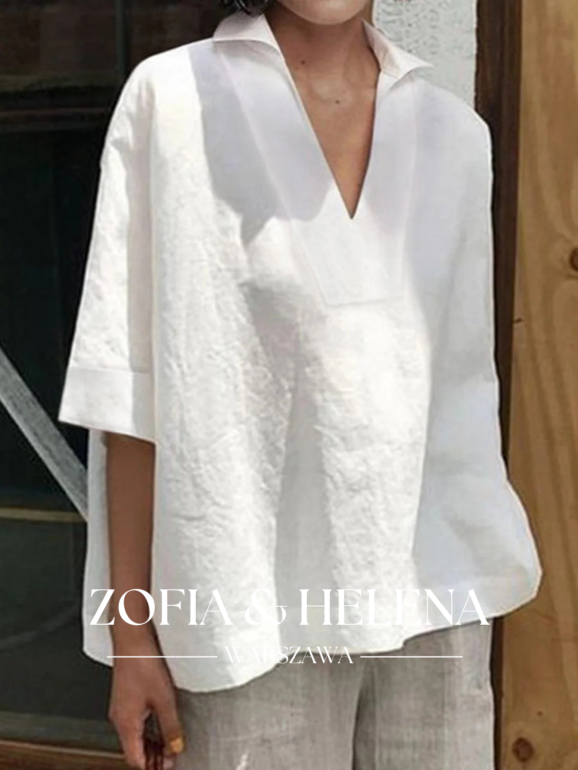 Koszula damska z dekoltem w serek, luźna, jednokolorowa, z rękawem 3/4