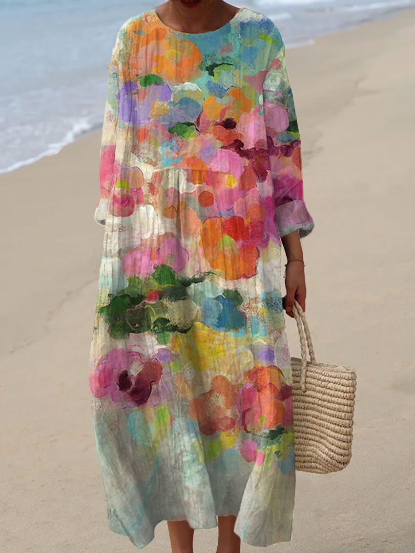 Damska Sukienka w Stylu Vintage z Kwiatowym Wzorem z Lnianego Materiału