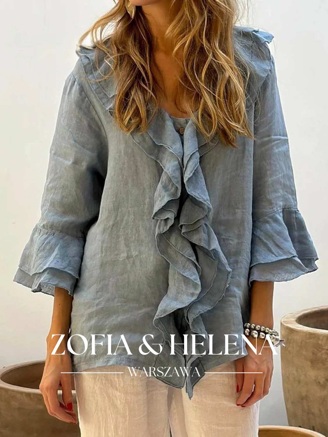 Koszula damska z falbanami, casualowa, z rękawami 3/4