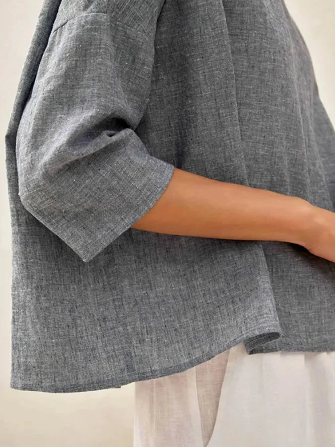 Damska lniana casualowa bluzka z okrągłym dekoltem na długi rękaw