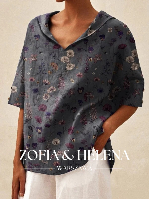 Koszula lniana damska z kwiatowym nadrukiem, casualowa, z dekoltem w serek