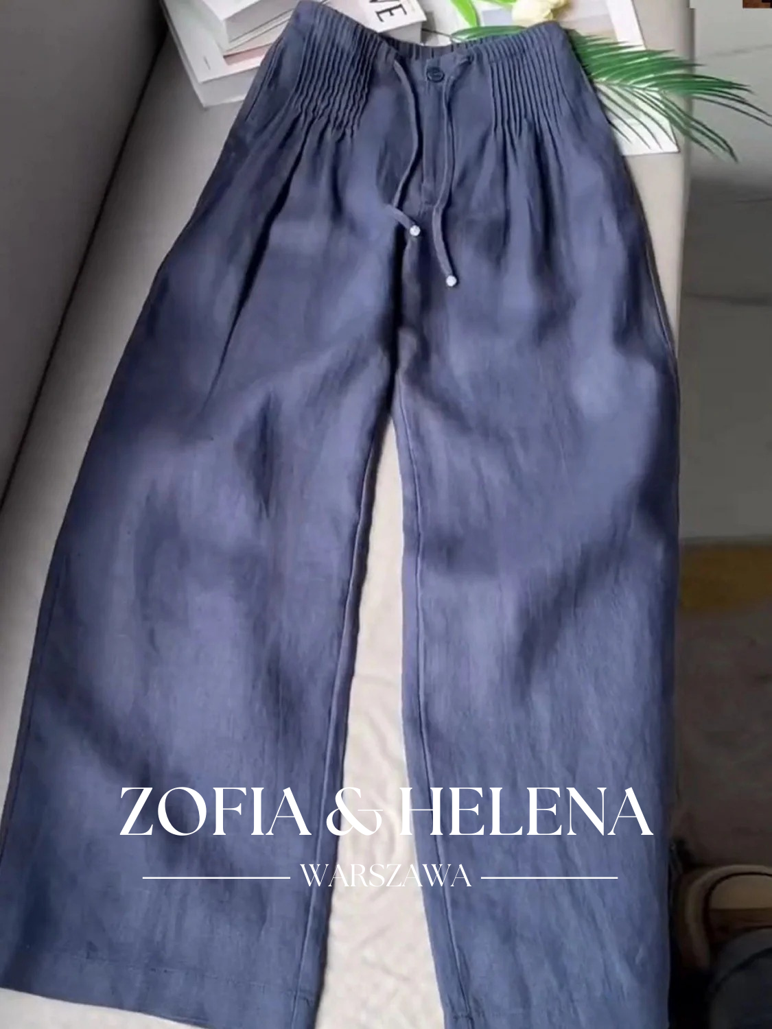 Damskie Spodnie w Jednolitym Kolorze z Plisami i Sznurkiem, Szerokie Nogawki