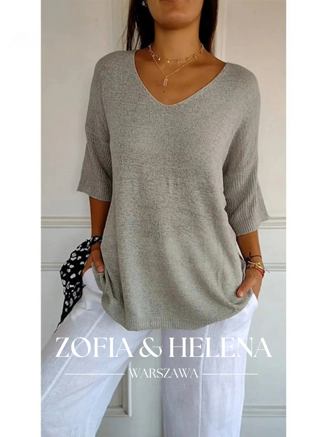 Damska bluzka dzianinowa z dekoltem w serek i rękawem 3/4 w jednolitym kolorze