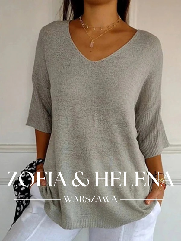 Damska bluzka dzianinowa z dekoltem w serek i rękawem 3/4 w jednolitym kolorze