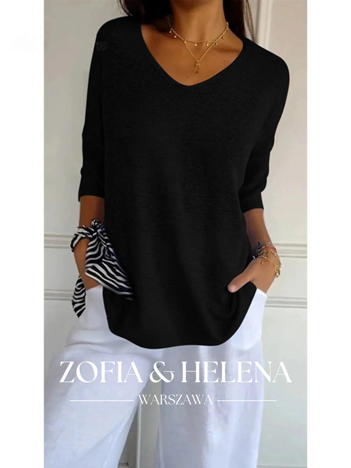 Damska bluzka dzianinowa z dekoltem w serek i rękawem 3/4 w jednolitym kolorze