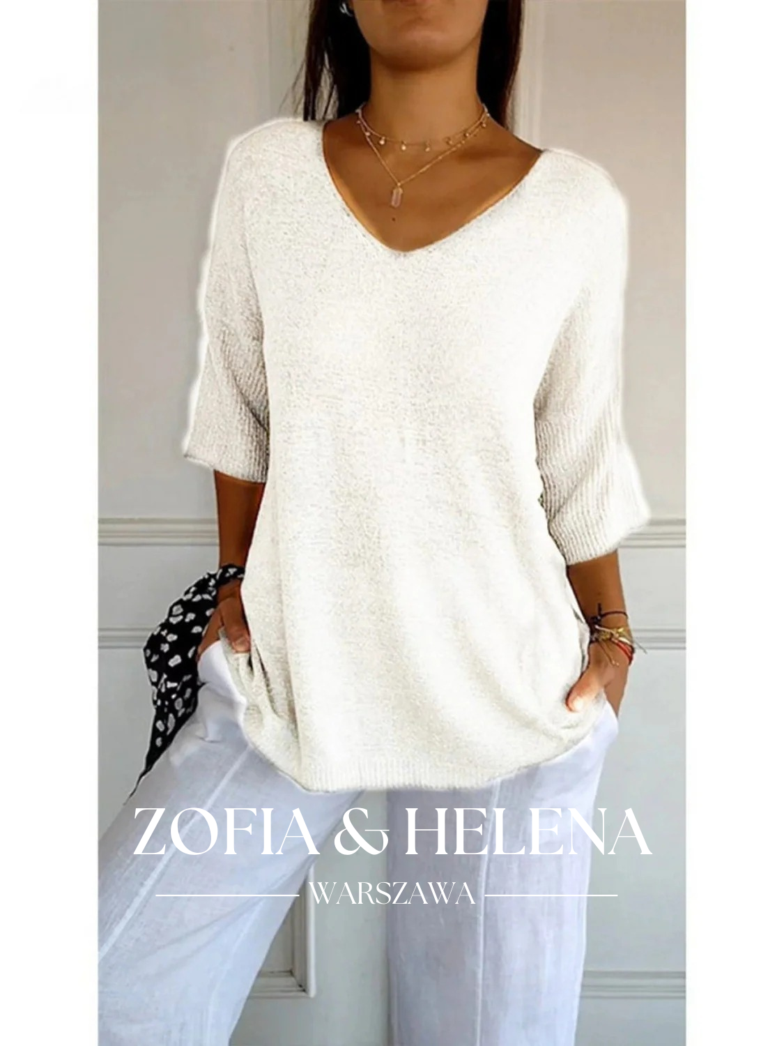 Damska bluzka dzianinowa z dekoltem w serek i rękawem 3/4 w jednolitym kolorze