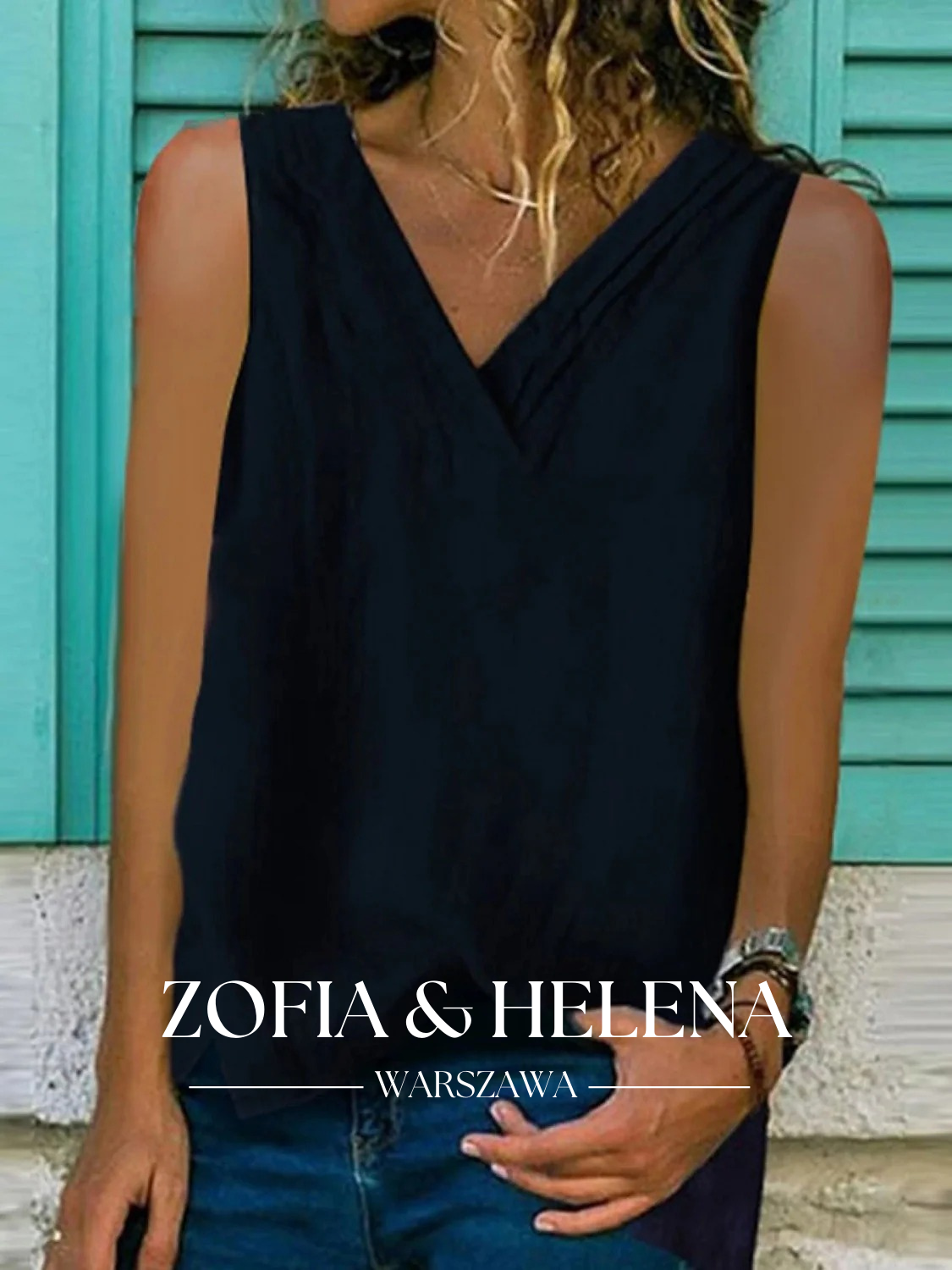 Damska bluzka bez rękawów z dekoltem w serek i rozcięciem na dole
