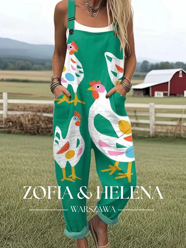 Kobiece Śmieszne Wydruki Sztuki Kurczaka Casual Szerokie Nogawki Lnianego Kombinezonu