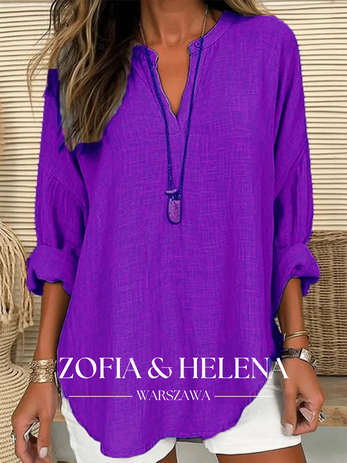 Koszula damska z długim rękawem, okrągłym dekoltem, w jednolitym kolorze, luźna, plażowa