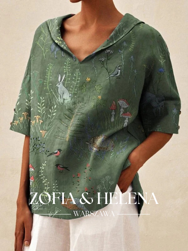 Koszula damska lniana z nadrukiem leśnym i zwierzęcym, w stylu casual, z dekoltem w serek