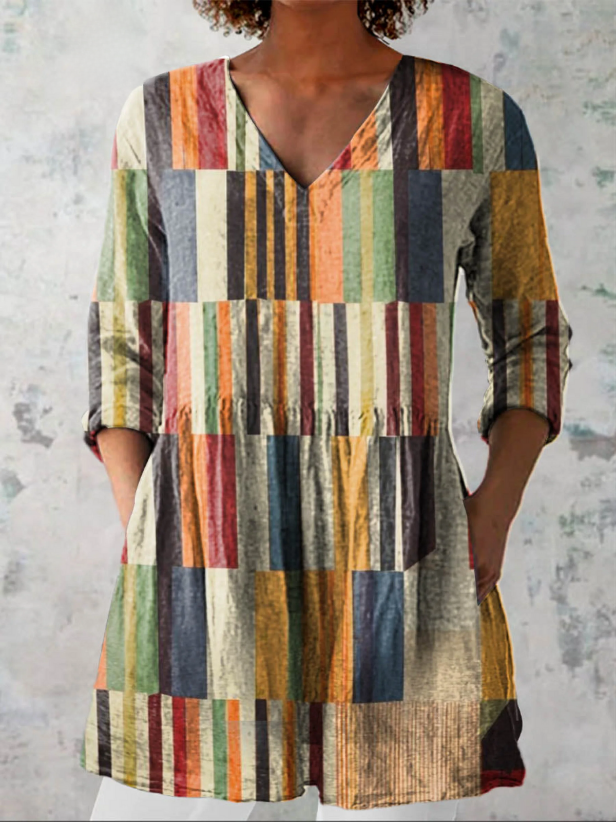 Kobieca Tunika z Abstrakcyjnym Wzorem Geometrycznym, Wydruk Artystyczny, Casual, Bawełniana, Lniana, z Dekoltem w Serek