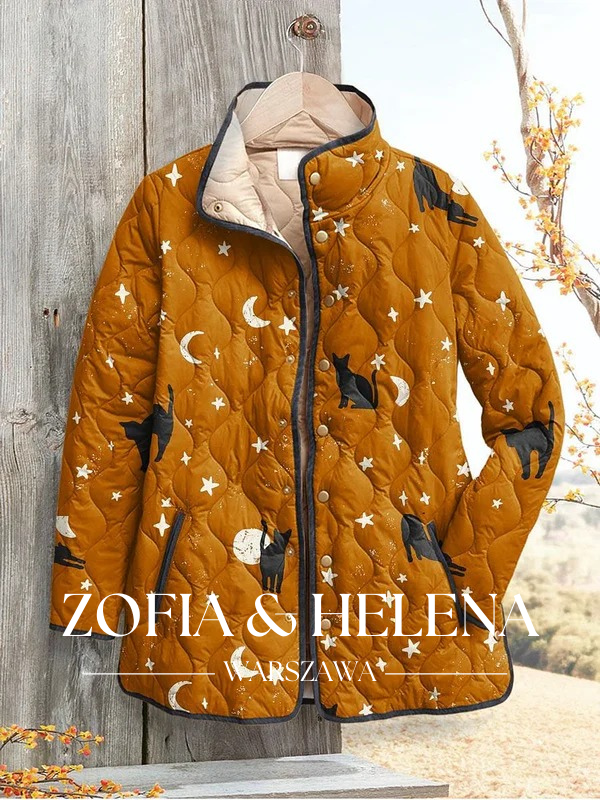 Czarna Kocica Halloweenowy Wzór Casualowa Pikowana Kurtka