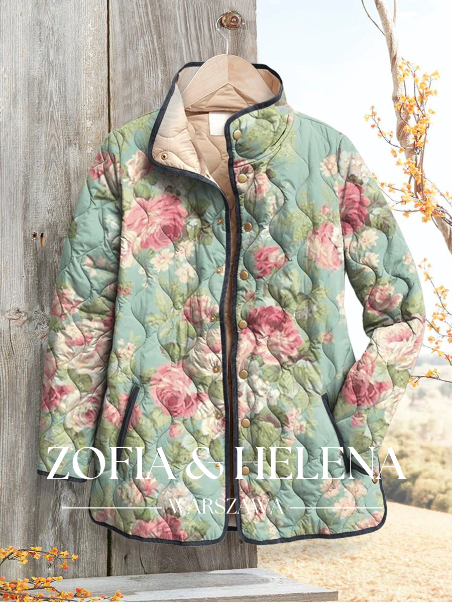 Kurtka damska z retro kwiatowym nadrukiem, casualowa, pikowana