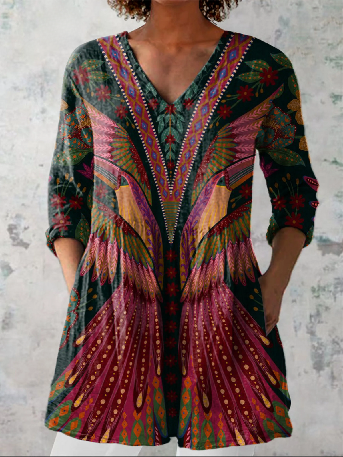 Letnia Tropikalna Koszulka z Symetrycznym Wzorem dla Kobiet, Casual, Lniana, z Dekoltem w Serek