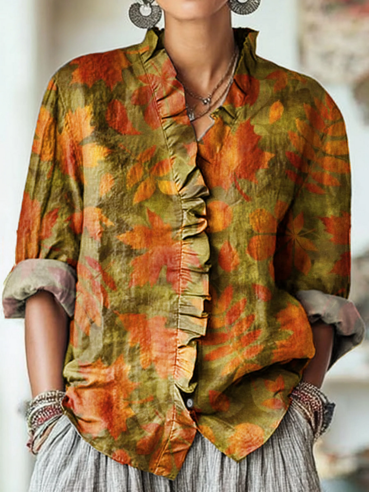 Kobiece Vintage Jesienne Malowanie Liścia Klonowego, Wydruk Sztuki, Casualowa Koszula z Rękawem z Bawełny i Lnu