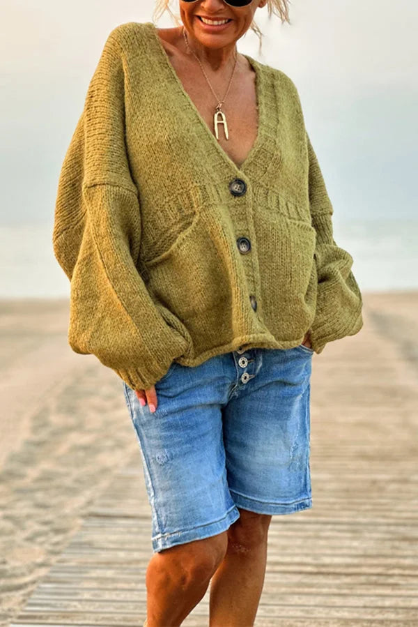 Jednolity kolor luźny długi rękaw V-neck kieszeń dzianinowy sweter kardigan