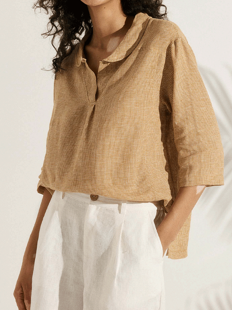 Kobieta Casual Sprawdzony Len Klasyczny Kołnierzyk Lalki Koszula