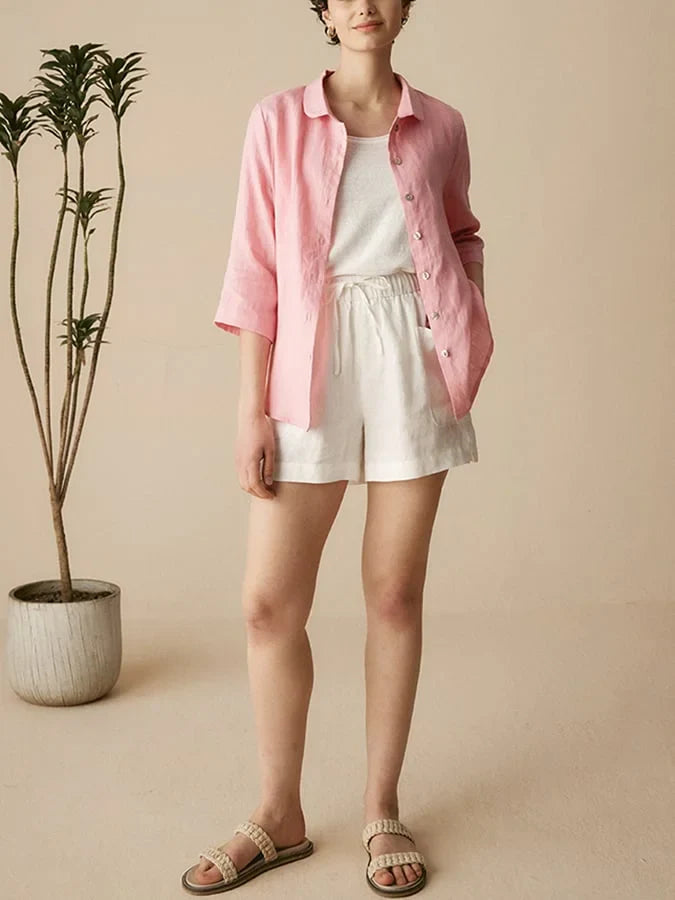 Damska lniana koszula casualowa z kołnierzem typu Peter Pan, z rękawem 3/4