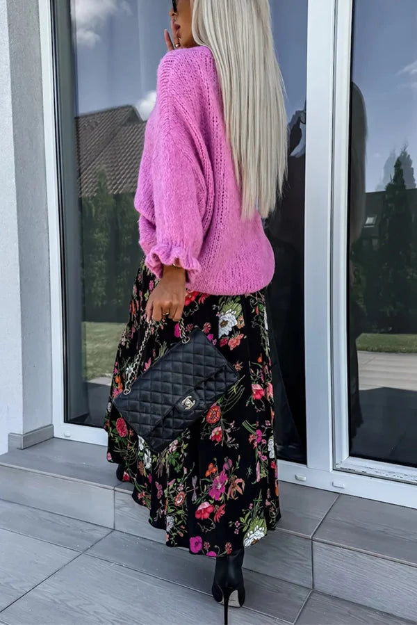 Jednolity kolor okrągły dekolt falbaniasty długi rękaw dzianinowy sweter