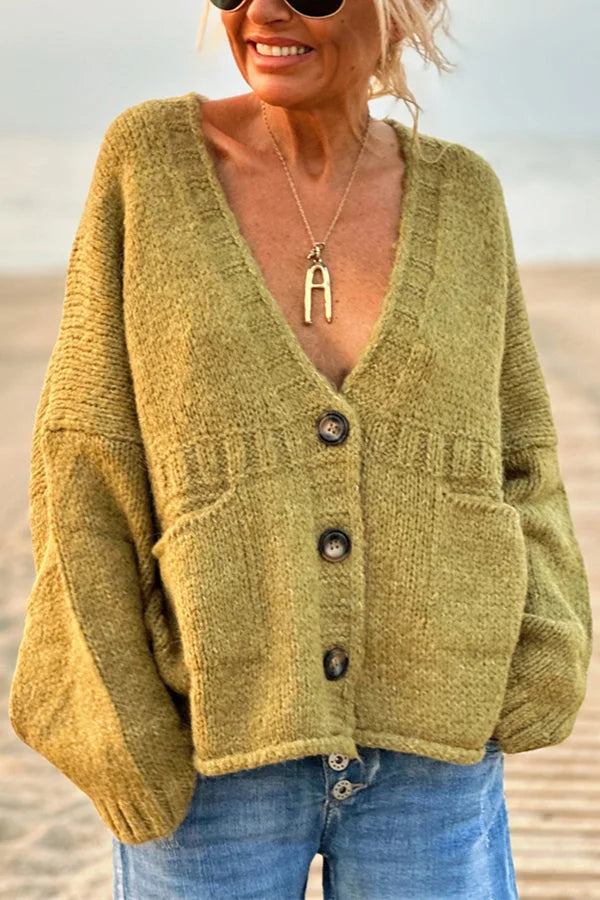 Jednolity kolor luźny długi rękaw V-neck kieszeń dzianinowy sweter kardigan