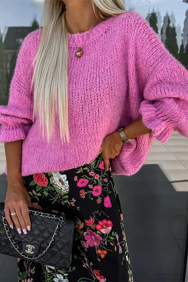 Jednolity kolor okrągły dekolt falbaniasty długi rękaw dzianinowy sweter