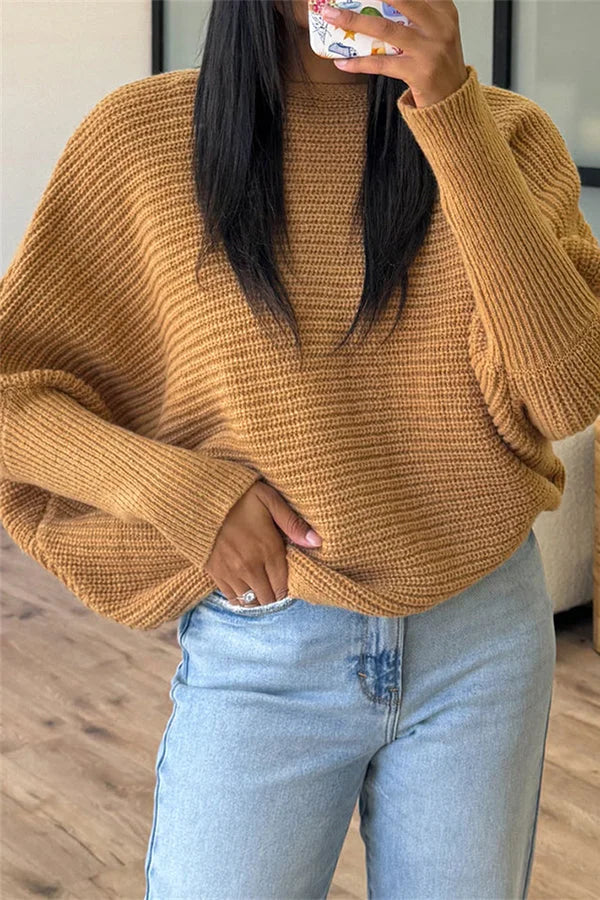 Modny sweter z okrągłym dekoltem i batwingowym rękawem