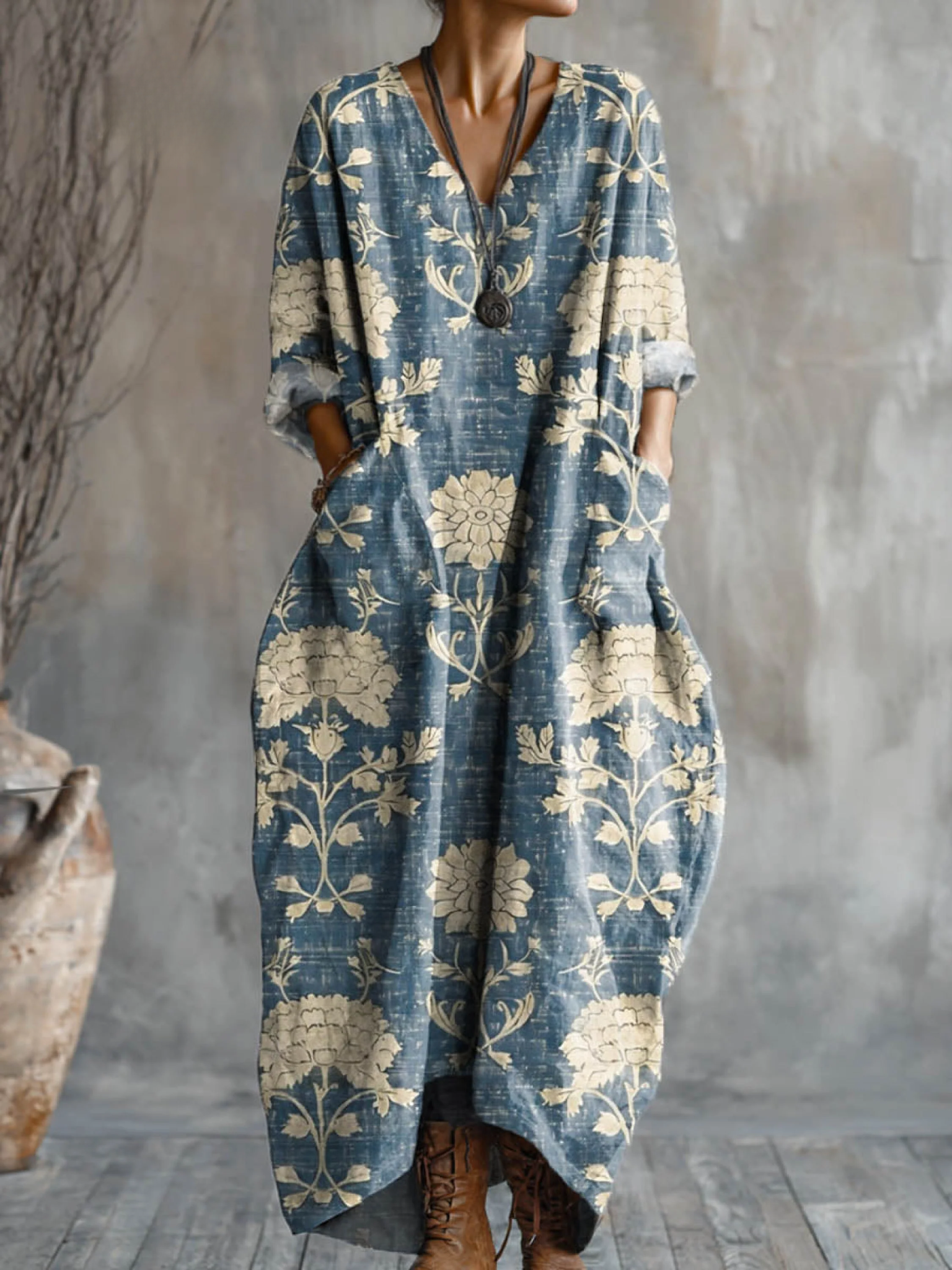 Damska Sukienka z Vintage Kwiatowym Wzorem, Art Print, Kieszonkowa, V-dekolt, Bawełniana