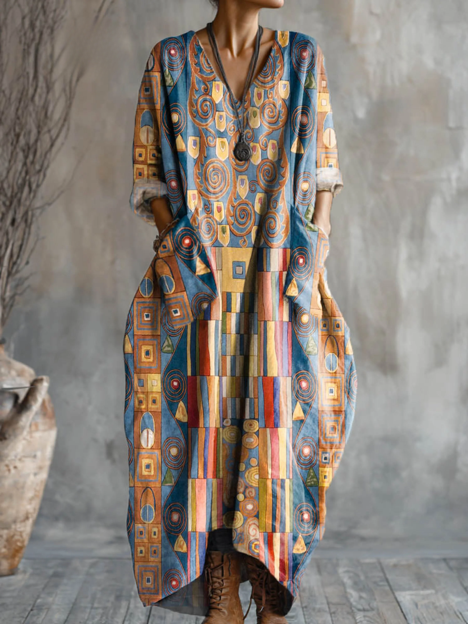 Kobieta Abstrakcyjny Geometryczny Wzór Sztuka Drukować Kieszeń V dekolt Bawełniana Sukienka