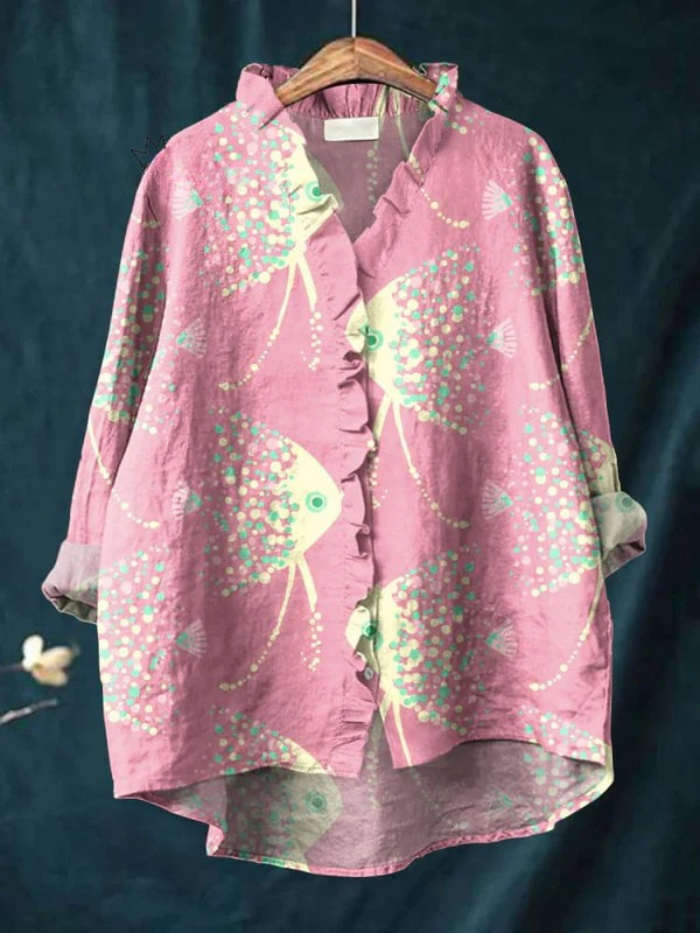 Koszulka damska z kolorowym abstrakcyjnym wzorem ryb morskich, casualowa, z falbanami, z bawełny i lnu