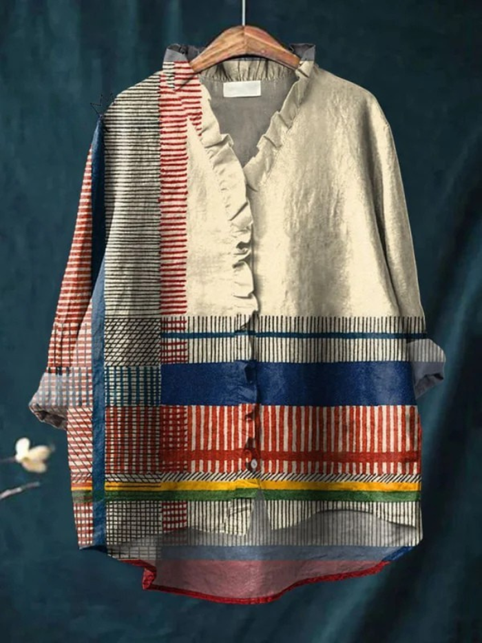 Koszula damska z abstrakcyjnym geometrycznym wzorem, casualowa, z falbanami, wykonana z bawełny i lnu