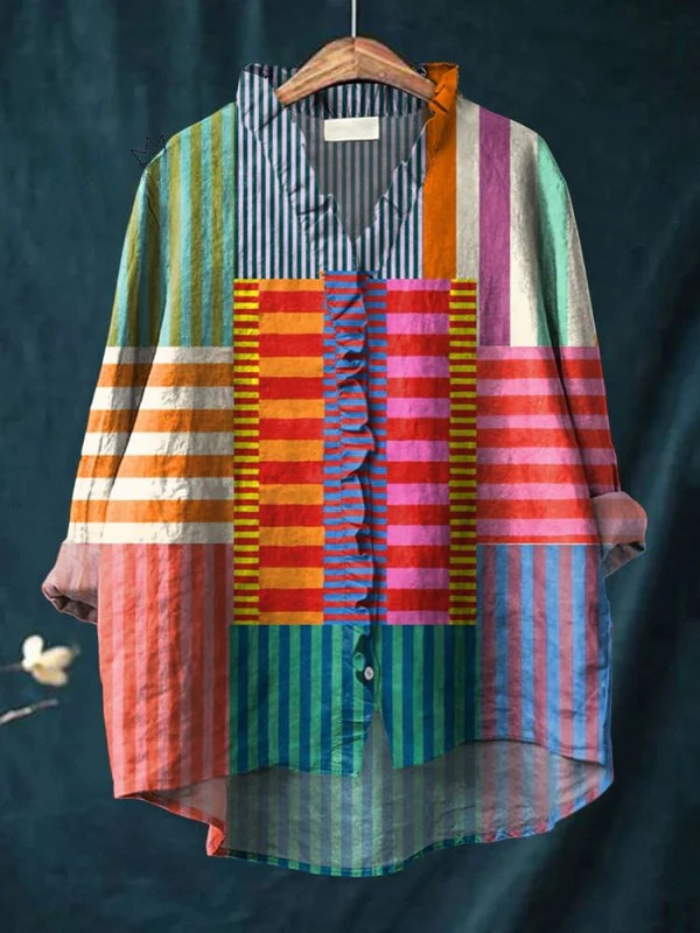 Kobiece Abstrakcyjne Geometryczne Wzory Sztuki Druk Casual Bawełniana i Lniania Koszula z Falbanką