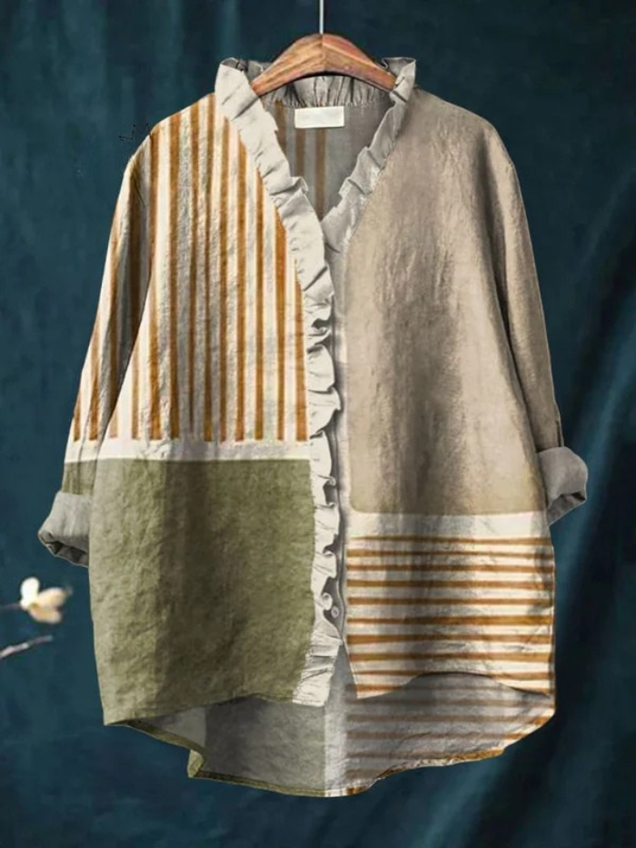 Koszulka z abstrakcyjnym geometrycznym wzorem dla kobiet, casualowa, z falbanami, wykonana z bawełny i lnu