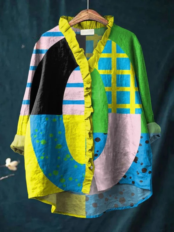 Koszulka damska z jasnym abstrakcyjnym geometrycznym nadrukiem, casualowa, z bawełny i lnu, z falbanami