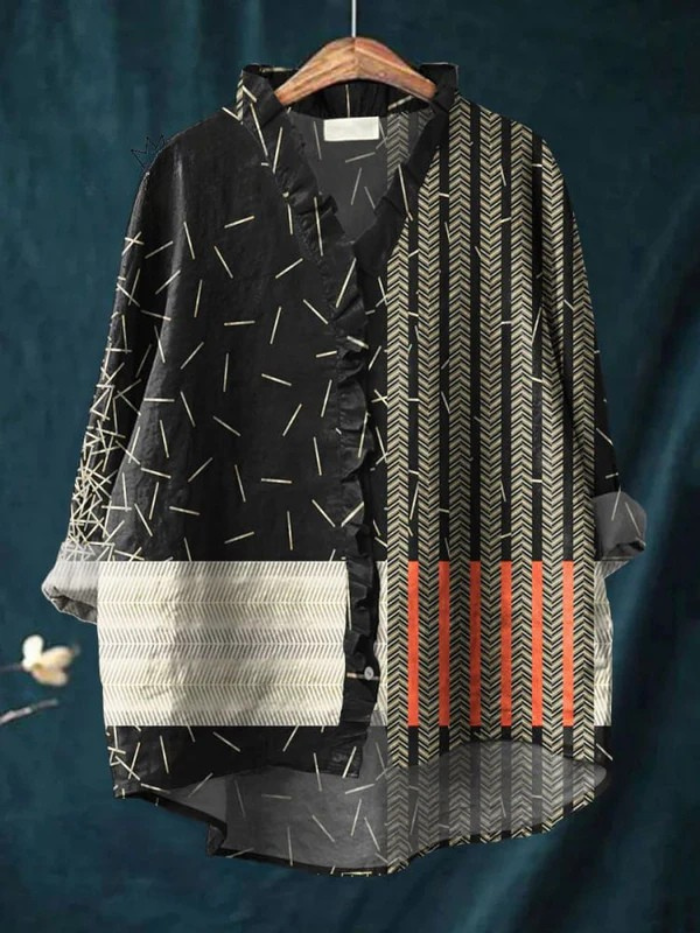 Koszula Damska w Abstrakcyjny Wzór z Twillu z Bawełny i Lnu z Falbankami