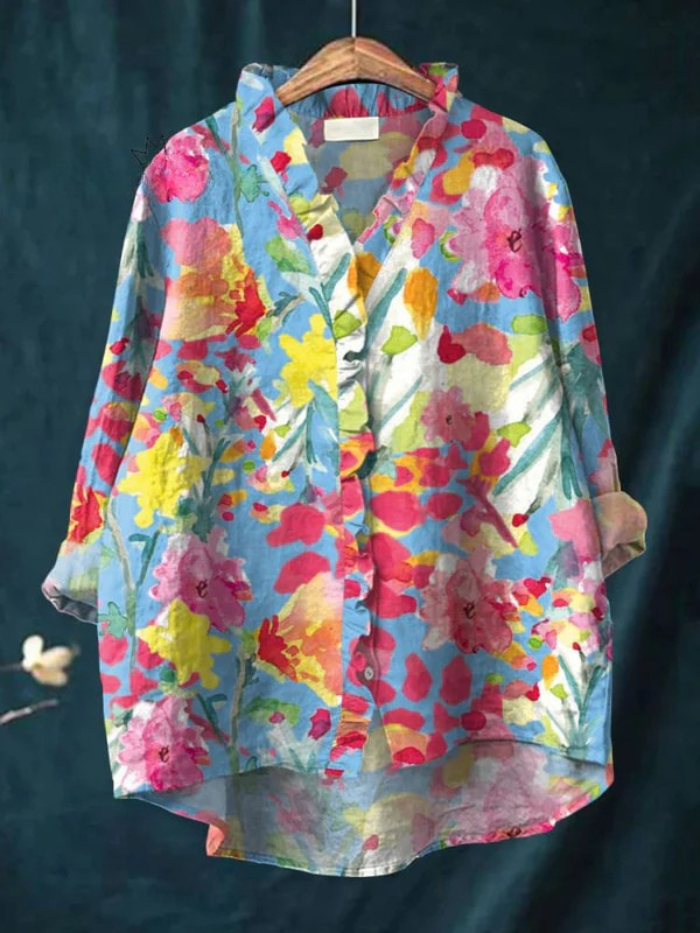 Koszula Ruffles z Kwiatowym Wzorem w Stylu Vintage z Bawełny i Lnu