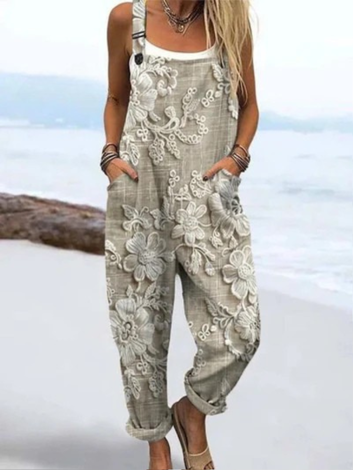 Damski Wintage Kombinezon z Kwiatowym Wzorem Casual Szerokie Nogi Lniany