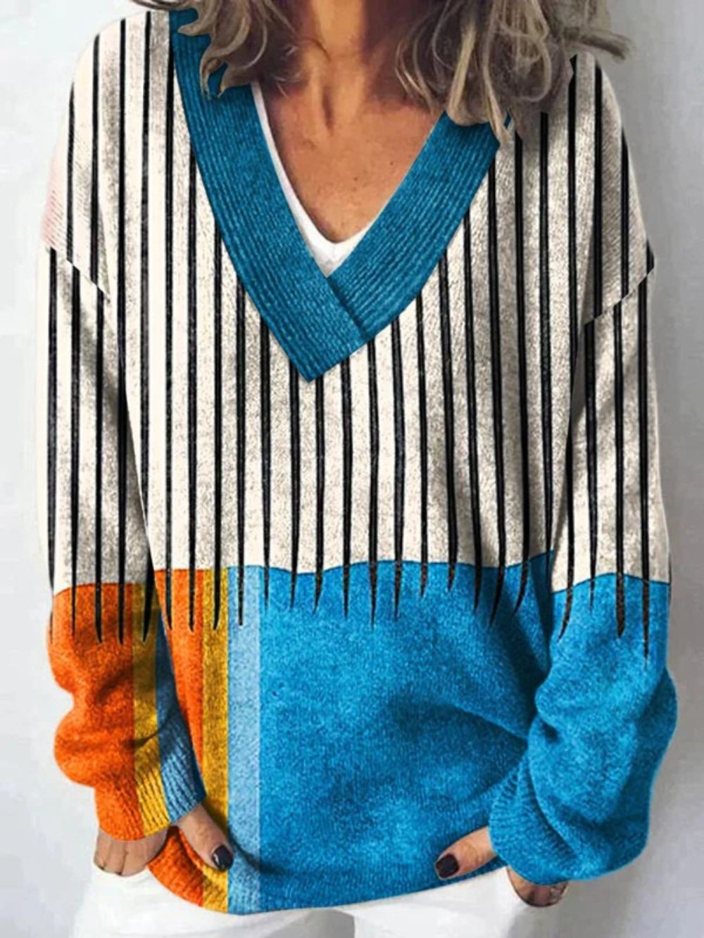Minimalistyczna Sztuka Geometryczna w Abstrakcji - Sweter z V-dekoltem