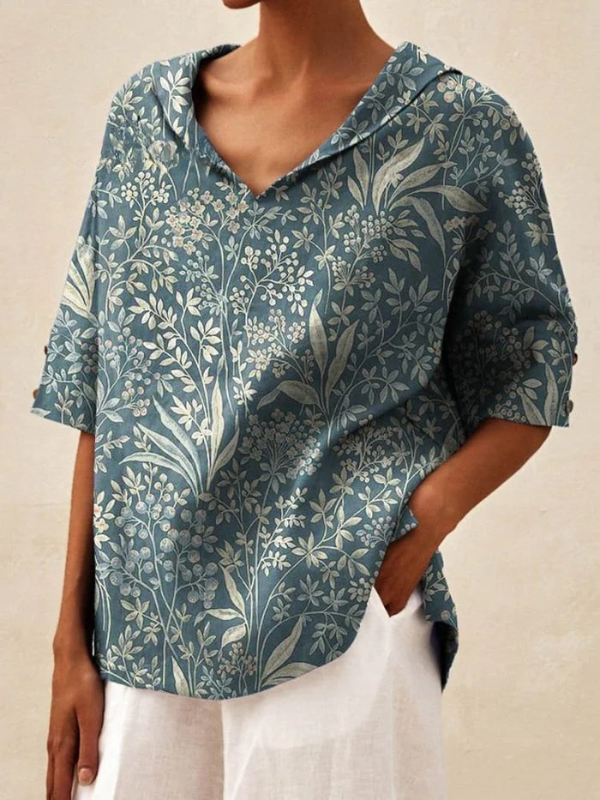Kobieta Vintage Kwiatowy Art Print Casual Koszula z Dekoltem w Serek z Lnu