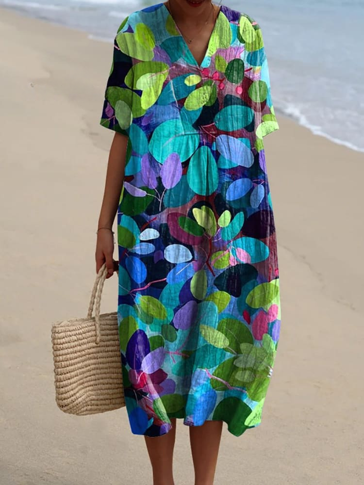 Letnia Sukienka z Lnu z Wydrukiem dla Kobiet