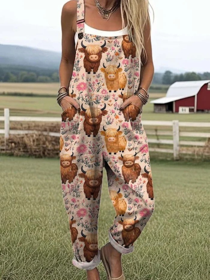 Damski kombinezon z haftem w pszczoły w stylu casual, lniany, szerokie nogawki