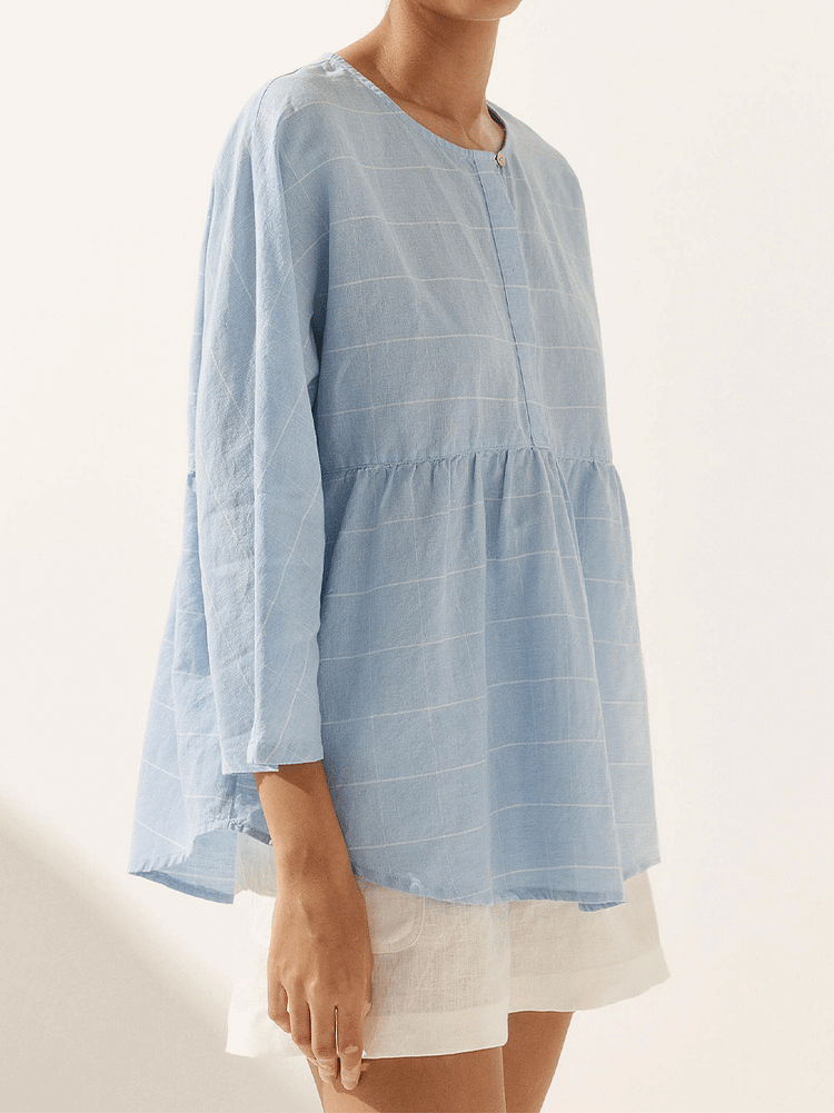 Kobiece casualowe w kratę lniane klasyczne koszule z okrągłym dekoltem zapinane na guziki