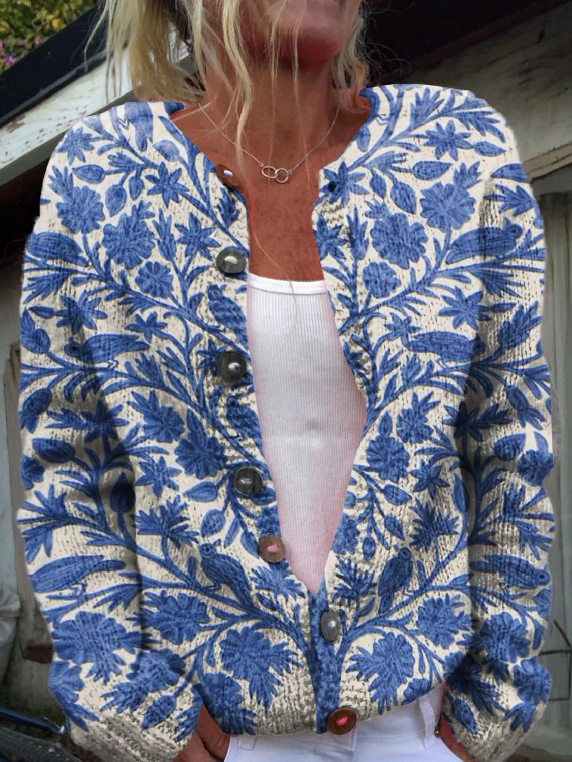 Indyjski Artystyczny Kwiatowy Vintage Print Kardigan z Guzikami