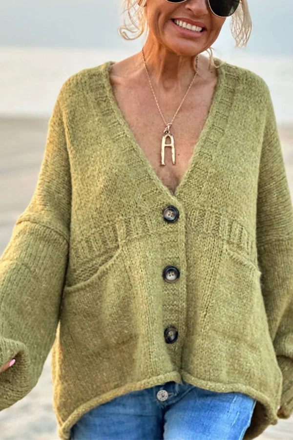 Jednolity kolor luźny długi rękaw V-neck kieszeń dzianinowy sweter kardigan