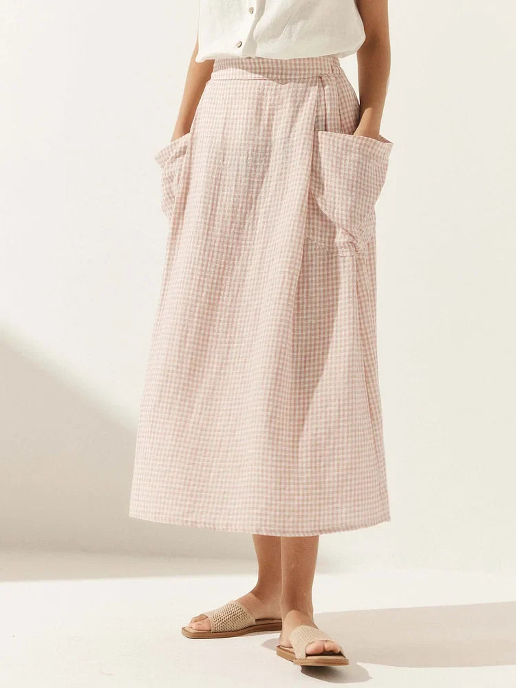 Damska lniana spódnica w kratę z elastycznym pasem