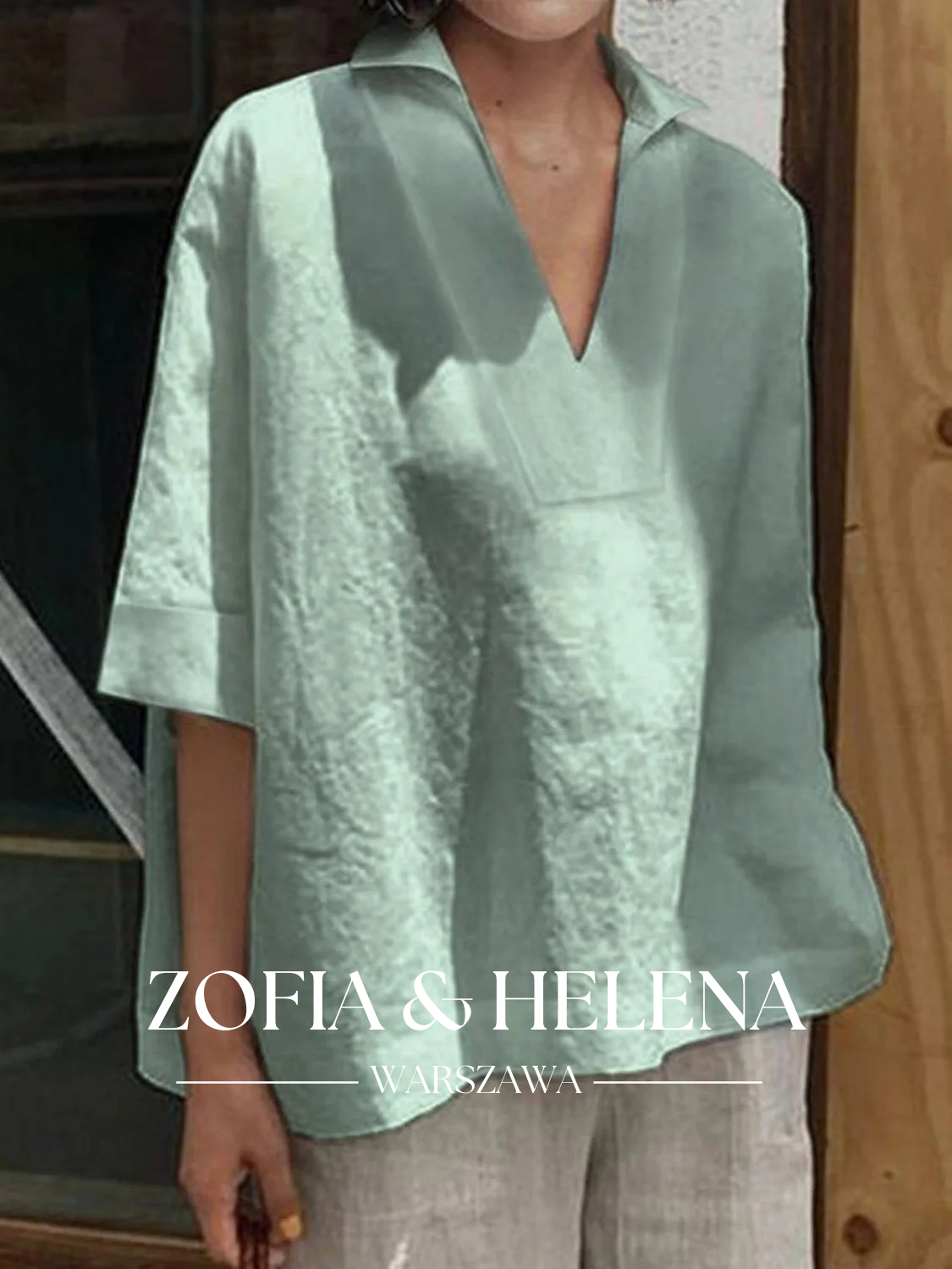 Koszula damska z dekoltem w serek, luźna, jednokolorowa, z rękawem 3/4