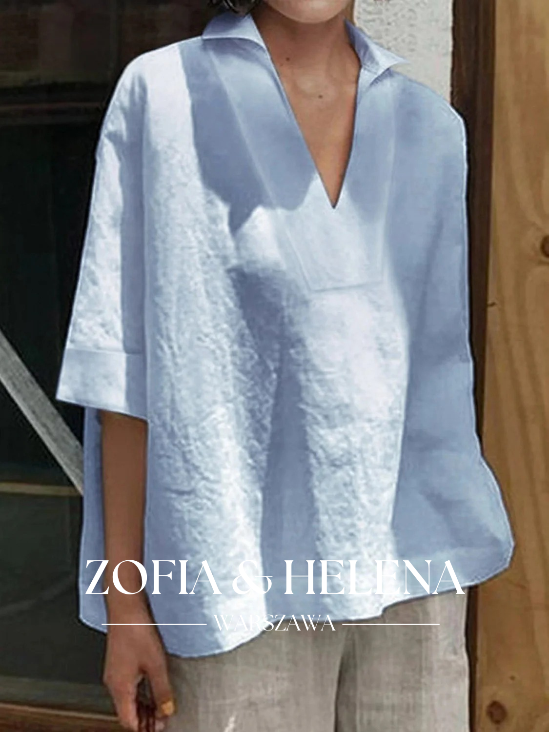 Koszula damska z dekoltem w serek, luźna, jednokolorowa, z rękawem 3/4